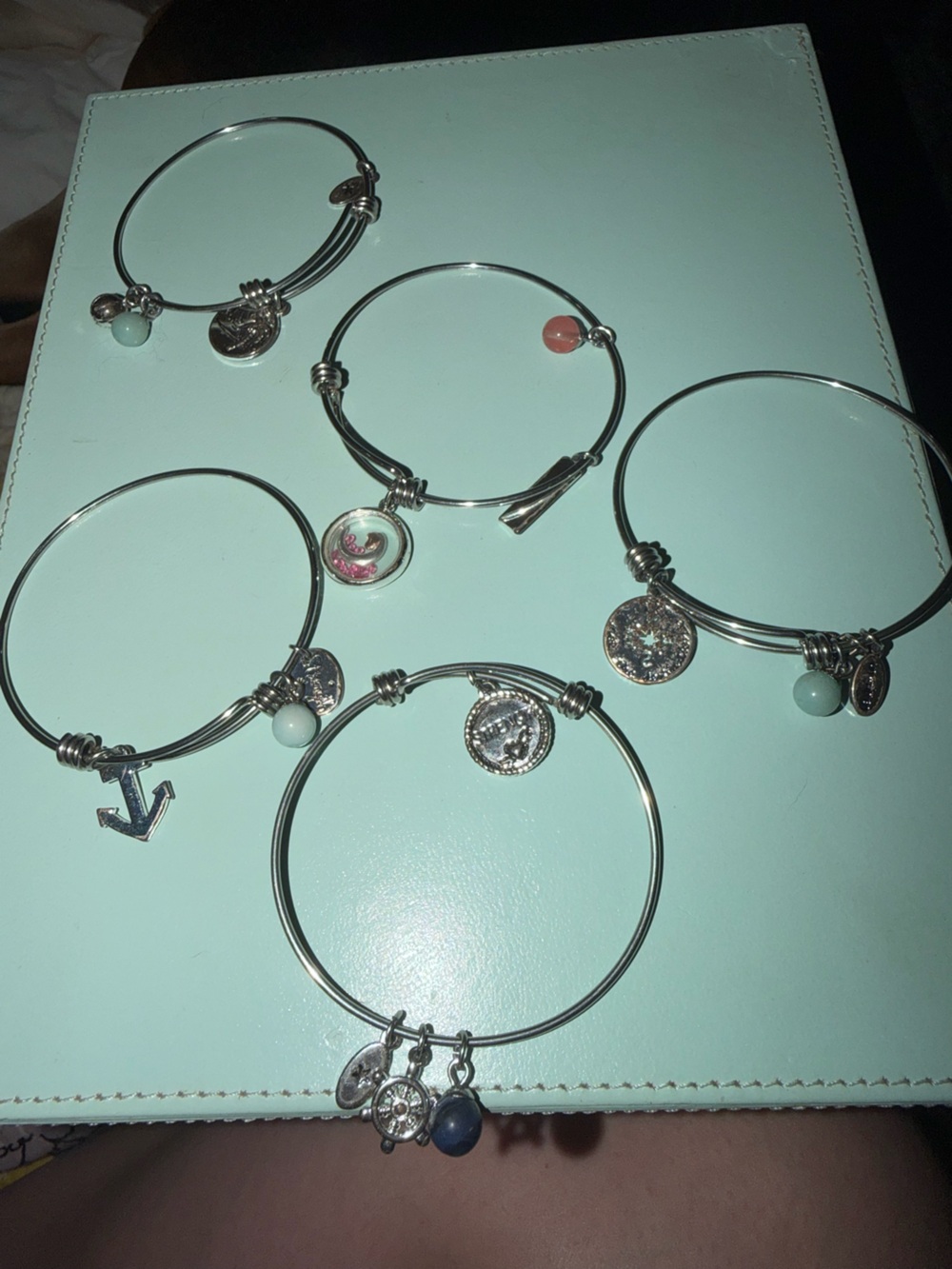 Set of 5 Silver Charm Bangle Beaded Bracelets with Mint and Pink Accents